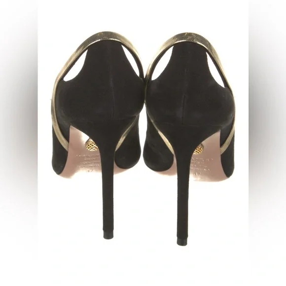Aquazzura Soiree Pump 105 Black Suede Gold Chain Heels Size 37 / 7.5